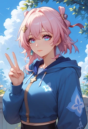 star rail,march 7th,crop hoodie,shorts  - AI generated anime art